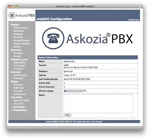 Askozia Webinterface Startseite